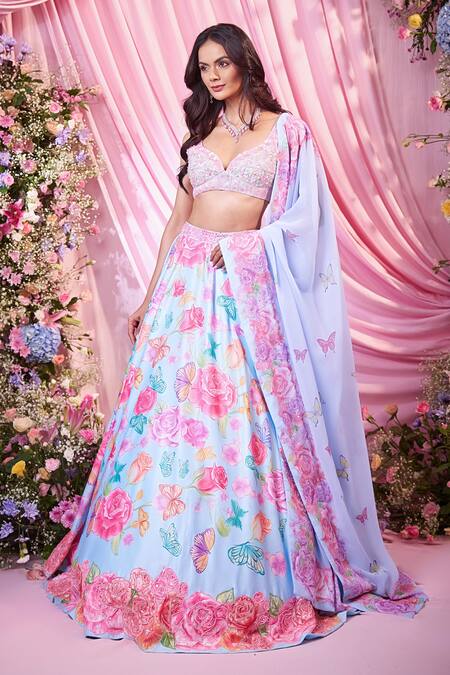 Shop Label Priyanka Kar Blue Georgette Embroidery, Sequins Sweetheart Neck Floral Hand Lehenga Set Online at Aza Fashions Shop_Label Priyanka Kar_Blue Georgette Embroidery, Sequins Sweetheart Neck Floral Hand Lehenga Set _Online_at_Aza_Fashions