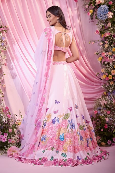Shop Label Priyanka Kar Pink Georgette Embroidery Plunge Neck Floral Lehenga Set at Aza Fashions Shop_Label Priyanka Kar_Pink Georgette Embroidery Plunge Neck Floral Lehenga Set _at_Aza_Fashions