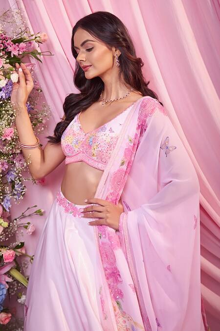 Buy Label Priyanka Kar Pink Georgette Embroidery Plunge Neck Floral Lehenga Set Online at Aza Fashions Buy_Label Priyanka Kar_Pink Georgette Embroidery Plunge Neck Floral Lehenga Set _Online_at_Aza_Fashions