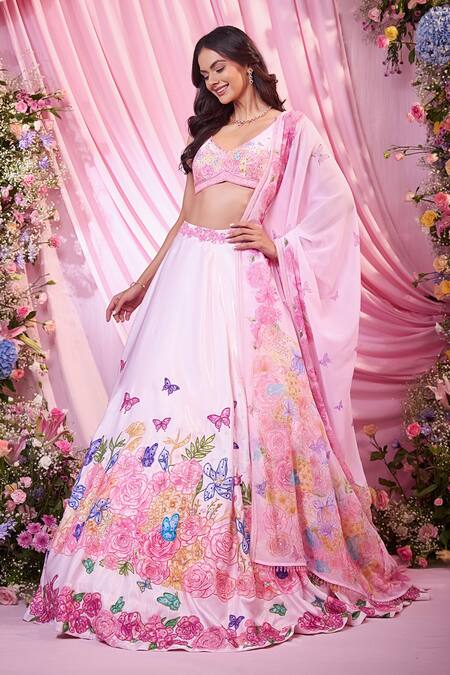 Shop Label Priyanka Kar Pink Georgette Embroidery Plunge Neck Floral Lehenga Set Online at Aza Fashions Shop_Label Priyanka Kar_Pink Georgette Embroidery Plunge Neck Floral Lehenga Set _Online_at_Aza_Fashions