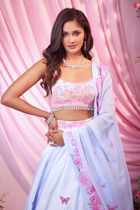 Label Priyanka Kar Blue Satin, Georgette Sequins, Embroidery Round Neck Floral Lehenga Set Online at Aza Fashions Label Priyanka Kar_Blue Satin, Georgette Sequins, Embroidery Round Neck Floral Lehenga Set _Online_at_Aza_Fashions