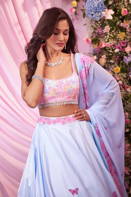 Buy Label Priyanka Kar Blue Satin, Georgette Sequins, Embroidery Round Neck Floral Lehenga Set Online at Aza Fashions Buy_Label Priyanka Kar_Blue Satin, Georgette Sequins, Embroidery Round Neck Floral Lehenga Set _Online_at_Aza_Fashions