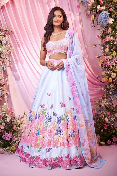 Label Priyanka Kar Blue Satin, Georgette Sequins, Embroidery Round Neck Floral Lehenga Set 