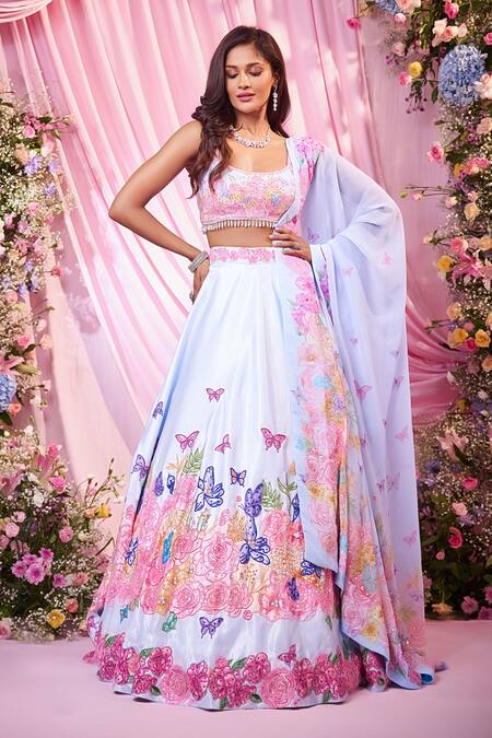 Label Priyanka Kar Blue Satin, Georgette Sequins, Embroidery Round Neck Floral Lehenga Set at Aza Fashions Label Priyanka Kar_Blue Satin, Georgette Sequins, Embroidery Round Neck Floral Lehenga Set _at_Aza_Fashions