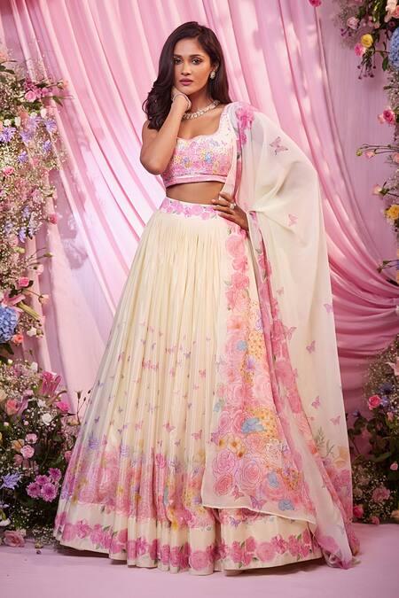 Shop Label Priyanka Kar Yellow Embroidery Round Neck Floral Lehenga Set Online at Aza Fashions Shop_Label Priyanka Kar_Yellow Embroidery Round Neck Floral Lehenga Set _Online_at_Aza_Fashions