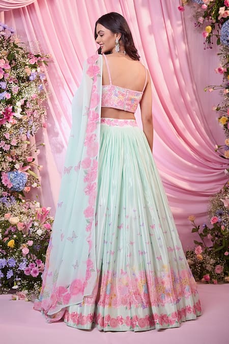 Shop Label Priyanka Kar Green Chinon, Georgette Embroidery Round Neck Floral Lehenga Set at Aza Fashions Shop_Label Priyanka Kar_Green Chinon, Georgette Embroidery Round Neck Floral Lehenga Set _at_Aza_Fashions