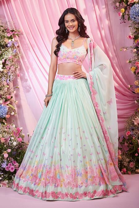 Buy Label Priyanka Kar Green Chinon, Georgette Embroidery Round Neck Floral Lehenga Set Online at Aza Fashions Buy_Label Priyanka Kar_Green Chinon, Georgette Embroidery Round Neck Floral Lehenga Set _Online_at_Aza_Fashions