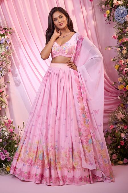 Shop Label Priyanka Kar Pink Chinon, Georgette Embroidery Plunge Neck Floral Hand Lehenga Set Online at Aza Fashions Shop_Label Priyanka Kar_Pink Chinon, Georgette Embroidery Plunge Neck Floral Hand Lehenga Set _Online_at_Aza_Fashions