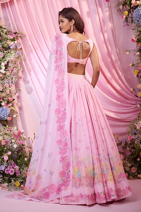 Shop Label Priyanka Kar Pink Chinon, Georgette Embroidery Plunge Neck Floral Hand Lehenga Set at Aza Fashions Shop_Label Priyanka Kar_Pink Chinon, Georgette Embroidery Plunge Neck Floral Hand Lehenga Set _at_Aza_Fashions