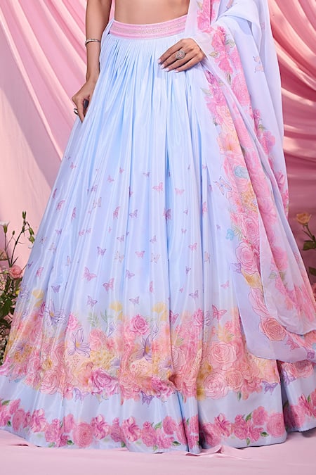 Label Priyanka Kar_Blue Chinon, Georgette Embroidery Round Neck Floral Hand Lehenga Set _Online_at_Aza_Fashions