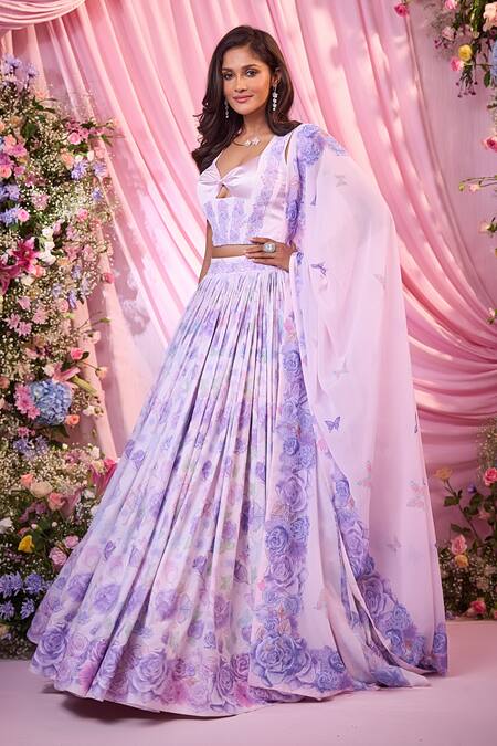 Label Priyanka Kar_Purple Georgette Embroidery Sweetheart Neck Floral Hand Lehenga Set _at_Aza_Fashions