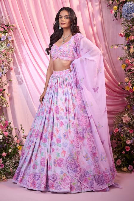 Shop_Label Priyanka Kar_Purple Georgette Embroidery Plunge Neck Floral Hand Lehenga Set _Online_at_Aza_Fashions