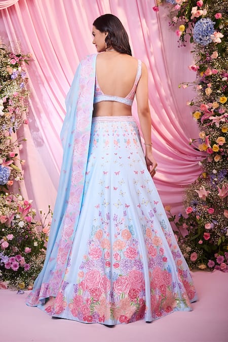Shop Label Priyanka Kar Blue Satin, Georgette Embroidery Plunge Neck Floral Hand Lehenga Set at Aza Fashions Shop_Label Priyanka Kar_Blue Satin, Georgette Embroidery Plunge Neck Floral Hand Lehenga Set _at_Aza_Fashions