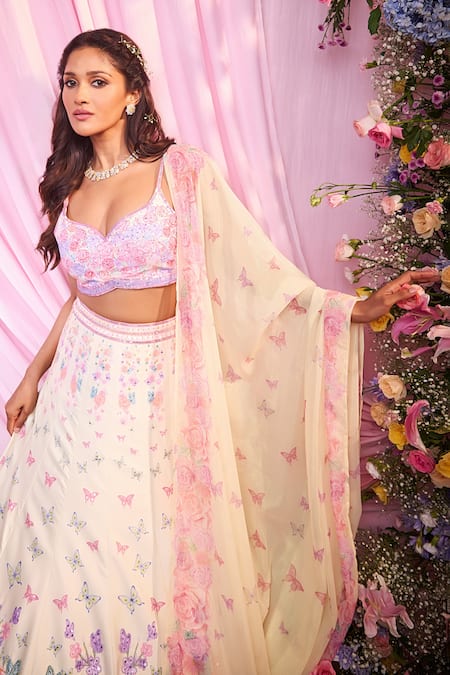 Label Priyanka Kar_Multi Color Satin, Georgette Embroidery Plunge Neck Floral Hand Lehenga Set _Online_at_Aza_Fashions
