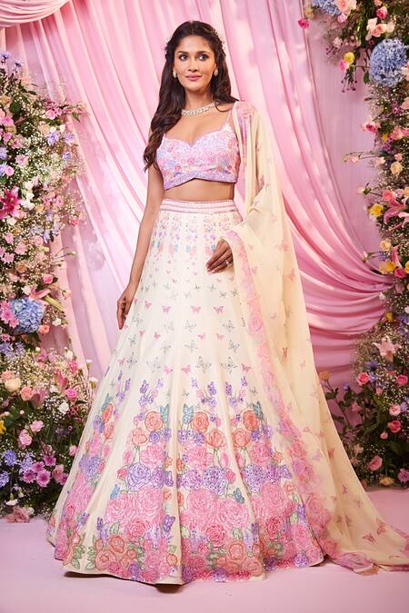 Shop_Label Priyanka Kar_Multi Color Satin, Georgette Embroidery Plunge Neck Floral Hand Lehenga Set _Online_at_Aza_Fashions