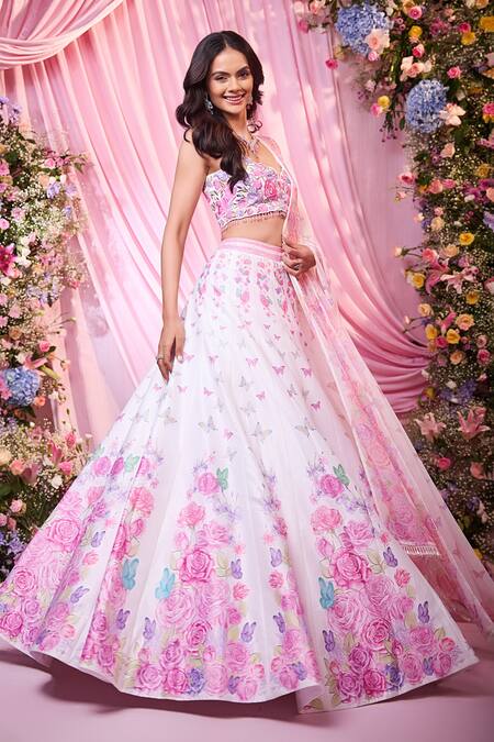 Label Priyanka Kar_White Satin, Georgette Sequins, Beads, Embroidery Floral Hand Lehenga Set _at_Aza_Fashions
