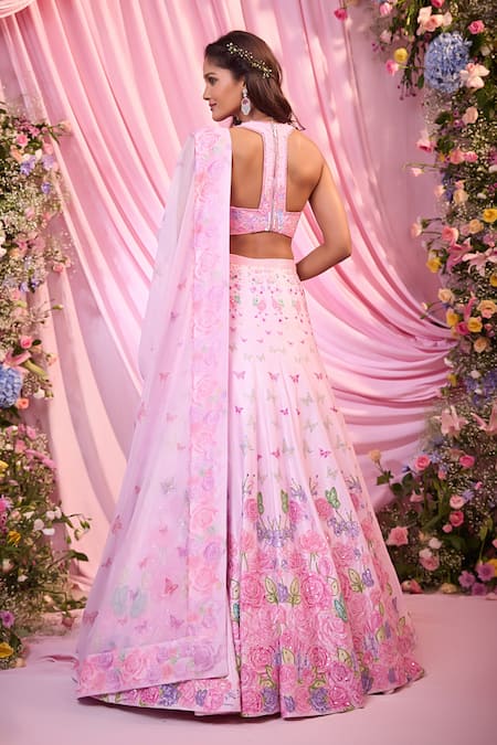 Shop Label Priyanka Kar Pink Satin, Georgette Sequins, Embroidery Plunge Neck Floral Lehenga Set at Aza Fashions Shop_Label Priyanka Kar_Pink Satin, Georgette Sequins, Embroidery Plunge Neck Floral Lehenga Set _at_Aza_Fashions