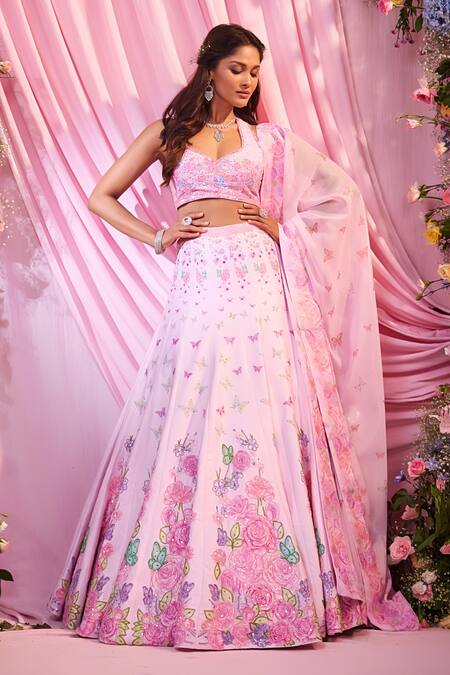 Shop Label Priyanka Kar Pink Satin, Georgette Sequins, Embroidery Plunge Neck Floral Lehenga Set Online at Aza Fashions Shop_Label Priyanka Kar_Pink Satin, Georgette Sequins, Embroidery Plunge Neck Floral Lehenga Set _Online_at_Aza_Fashions