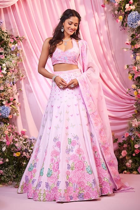 Label Priyanka Kar Pink Satin, Georgette Sequins, Embroidery Plunge Neck Floral Lehenga Set 