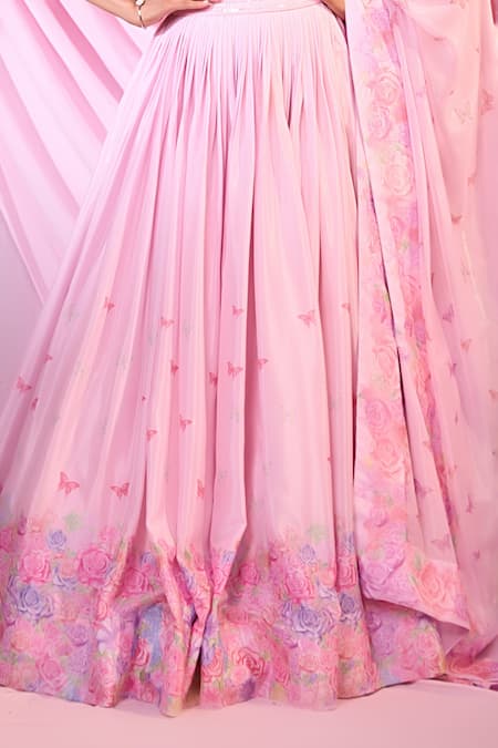 Label Priyanka Kar_Pink Chinon, Georgette Sequins, Embroidery Plunge Neck Floral Hand Lehenga Set _Online_at_Aza_Fashions