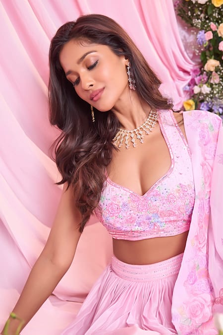 Shop_Label Priyanka Kar_Pink Chinon, Georgette Sequins, Embroidery Plunge Neck Floral Hand Lehenga Set 
