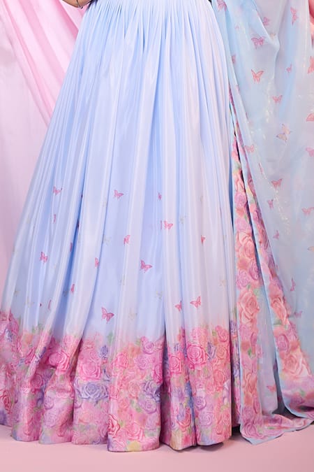 Label Priyanka Kar Blue Chinon, Georgette Embroidery Round Neck Floral Lehenga Set Online at Aza Fashions Label Priyanka Kar_Blue Chinon, Georgette Embroidery Round Neck Floral Lehenga Set _Online_at_Aza_Fashions