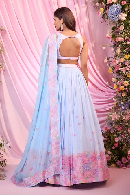 Shop Label Priyanka Kar Blue Chinon, Georgette Embroidery Round Neck Floral Lehenga Set at Aza Fashions Shop_Label Priyanka Kar_Blue Chinon, Georgette Embroidery Round Neck Floral Lehenga Set _at_Aza_Fashions