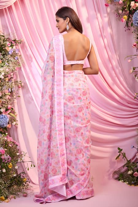 Label Priyanka Kar Floral Print Pink Georgette Pre-Draped Saree Set 