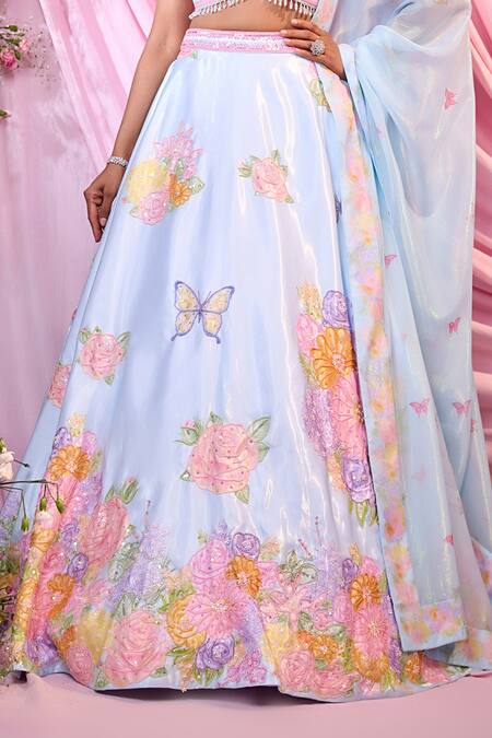 Label Priyanka Kar Blue Satin, Georgette Embroidery, Sequins Plunge Neck Floral Lehenga Set Online at Aza Fashions Label Priyanka Kar_Blue Satin, Georgette Embroidery, Sequins Plunge Neck Floral Lehenga Set _Online_at_Aza_Fashions