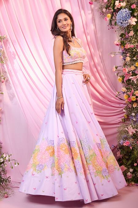 Buy Label Priyanka Kar Purple Satin Embroidery Round Neck Floral Hand Lehenga Set Online at Aza Fashions Buy_Label Priyanka Kar_Purple Satin Embroidery Round Neck Floral Hand Lehenga Set _Online_at_Aza_Fashions