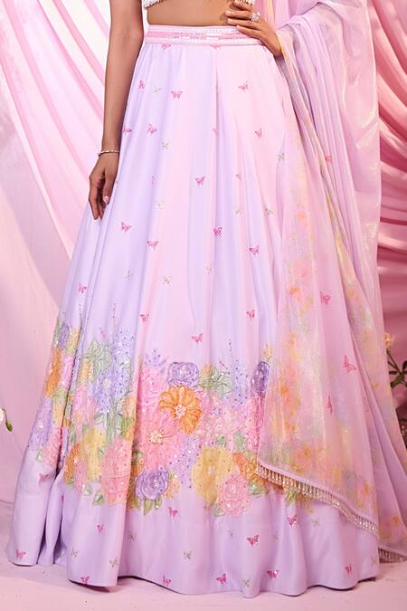 Label Priyanka Kar Purple Satin Embroidery Round Neck Floral Hand Lehenga Set at Aza Fashions Label Priyanka Kar_Purple Satin Embroidery Round Neck Floral Hand Lehenga Set _at_Aza_Fashions