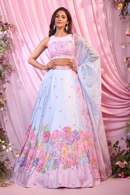 Label Priyanka Kar Blue Embroidery Round Neck Floral Lehenga Set at Aza Fashions Label Priyanka Kar_Blue Embroidery Round Neck Floral Lehenga Set _at_Aza_Fashions