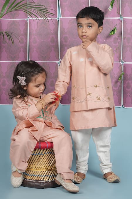 Little Brats_Pink Cotton, Silk Embroidery Onion Aeroplanes Cloud Kurta Set _Online_at_Aza_Fashions