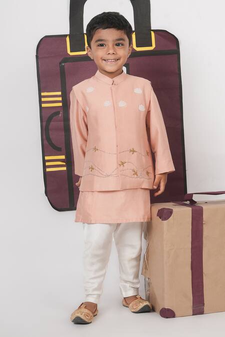 Buy_Little Brats_Pink Cotton, Silk Embroidery Onion Aeroplanes Cloud Kurta Set _Online_at_Aza_Fashions