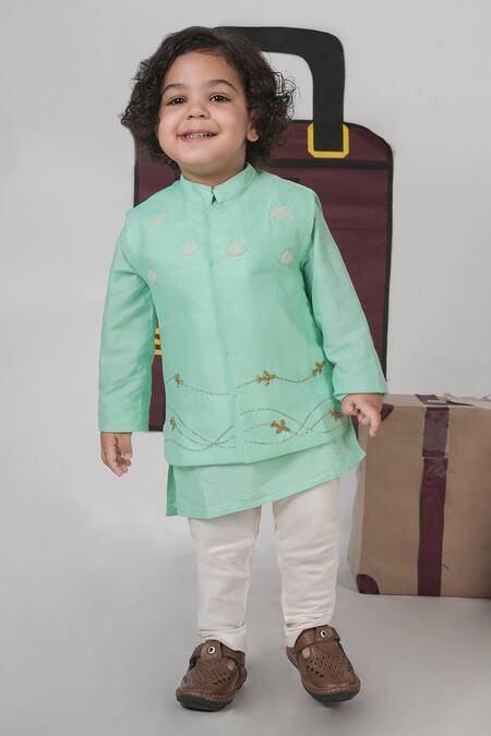 Little Brats_Mint Cotton, Silk Embroidery Green Kurta And Bundi Pajama Set _Online_at_Aza_Fashions
