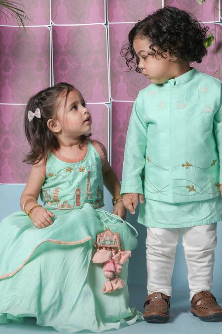 Buy_Little Brats_Mint Cotton, Silk Embroidery Green Kurta And Bundi Pajama Set _Online_at_Aza_Fashions