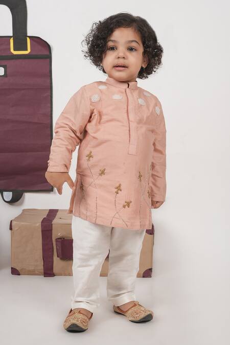 Little Brats_Pink Cotton Embroidery Aeroplan Hand Kurta Set _Online_at_Aza_Fashions