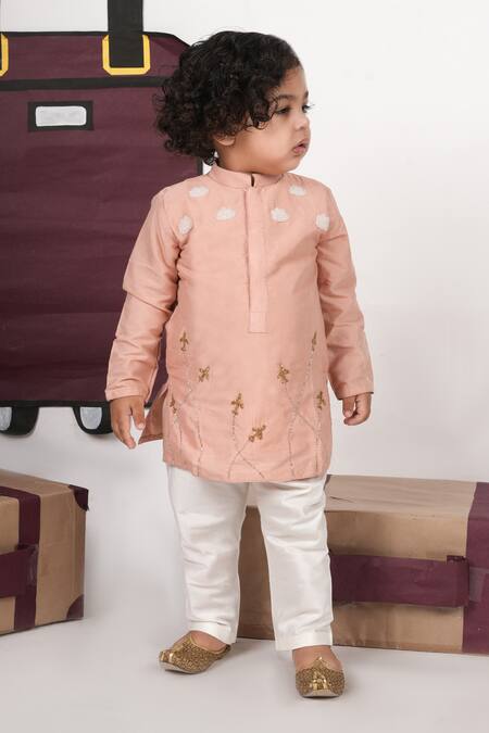 Buy_Little Brats_Pink Cotton Embroidery Aeroplan Hand Kurta Set _Online_at_Aza_Fashions