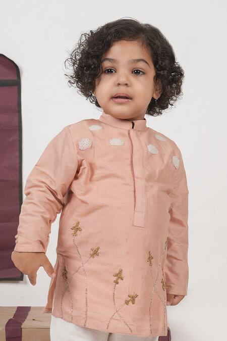Shop_Little Brats_Pink Cotton Embroidery Aeroplan Hand Kurta Set _Online_at_Aza_Fashions