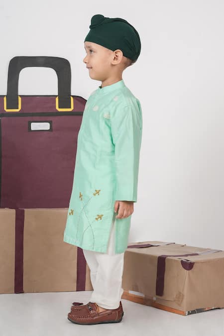 Little Brats_Mint Cotton Embroidery Green Aeroplanes Kurta And Pajama Set _Online_at_Aza_Fashions