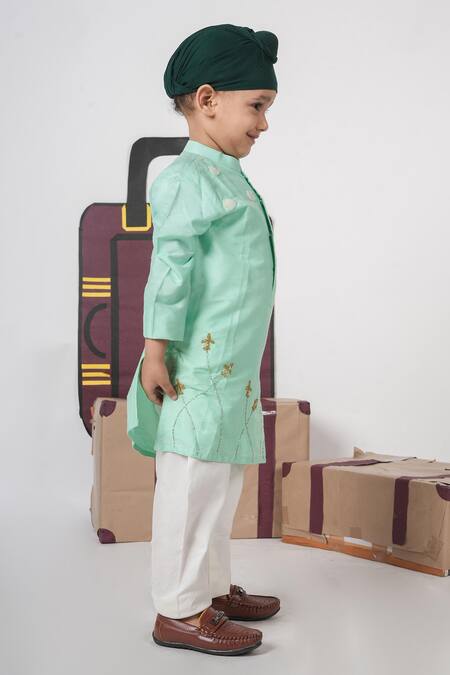 Buy_Little Brats_Mint Cotton Embroidery Green Aeroplanes Kurta And Pajama Set _Online_at_Aza_Fashions