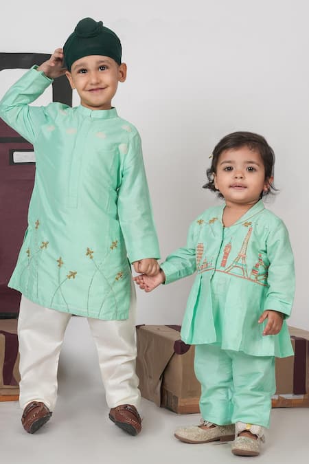 Shop_Little Brats_Mint Cotton Embroidery Green Aeroplanes Kurta And Pajama Set _Online_at_Aza_Fashions