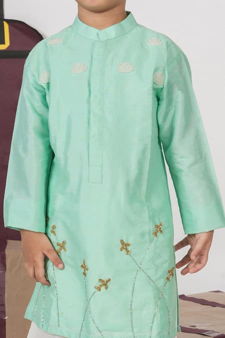 Little Brats_Mint Cotton Embroidery Green Aeroplanes Kurta And Pajama Set _at_Aza_Fashions