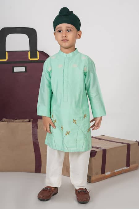 Little Brats Mint Cotton Embroidery Green Aeroplanes Kurta And Pajama Set