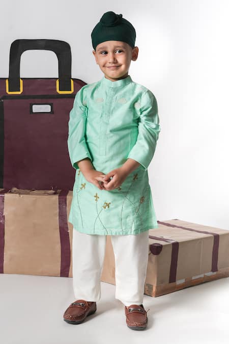 Shop_Little Brats_Mint Cotton Embroidery Green Aeroplanes Kurta And Pajama Set 