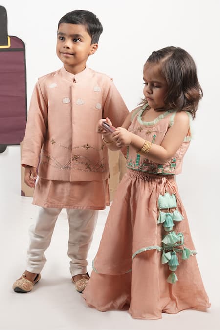 Little Brats Travel Theme Embroidered Blouse & Lehenga Set 