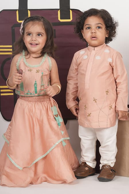 Little Brats_Pink Cotton, Silk Embroidery, Tassels Travel Theme Blouse And Lehenga Set _Online_at_Aza_Fashions