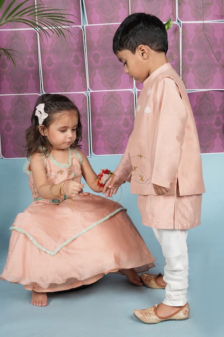 Buy_Little Brats_Pink Cotton, Silk Embroidery, Tassels Travel Theme Blouse And Lehenga Set _Online_at_Aza_Fashions