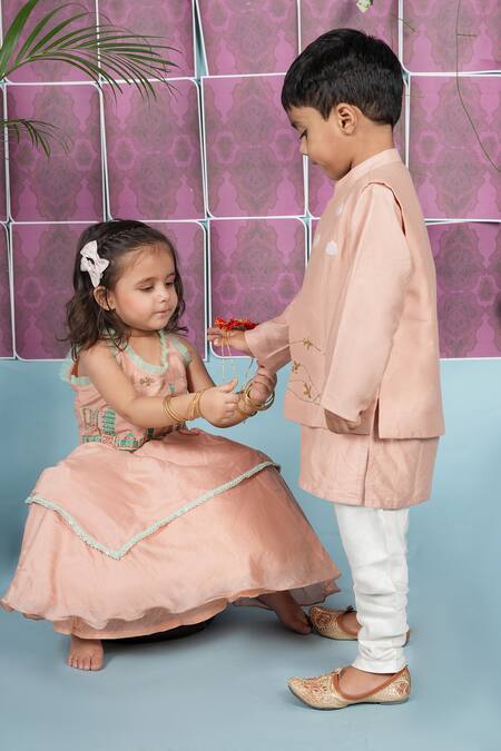 Shop_Little Brats_Pink Cotton, Silk Embroidery, Tassels Travel Theme Blouse And Lehenga Set _Online_at_Aza_Fashions