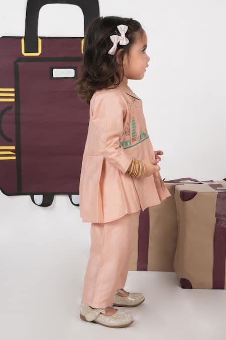 Little Brats_Pink Cotton, Silk Embroidery Onion Travel Theme Cord Set _Online_at_Aza_Fashions